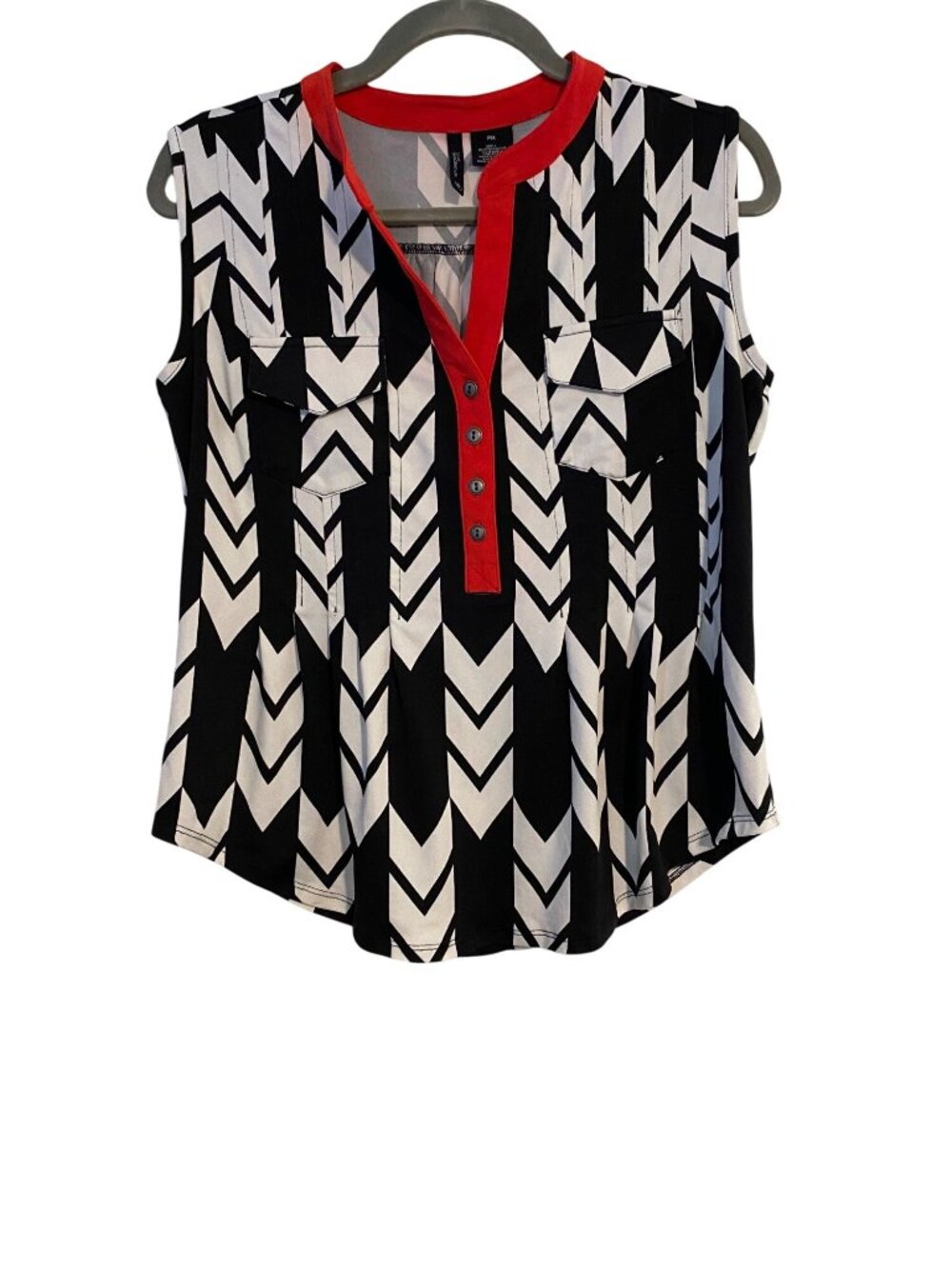 New Directions Petite Blouse Women's PM Black White Red Chevron Sleeveless Top